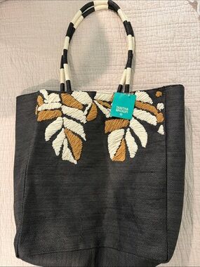 Tabitha Brown Black Tote with Cream & Tan Leaf Embroidery